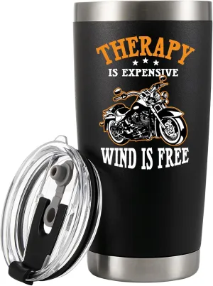 Panvola Therapy Is Expensive Wind Is Free Motorcycle Gifts Vacuum Insulated Tumblers Biker Rider For Dad Husband Boyfriend Uncle Travel Mug (20 oz)
