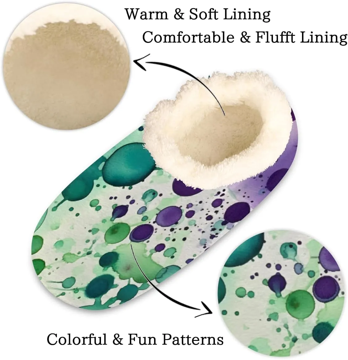 Pardick Fuzzy House Slippers for Women Men, Watercolor Dots Anti-Slip Fleece Lined Shoes, Home Bedroom Indoor Slippers with Plush Lining, Ink Splashes Warm Slippers