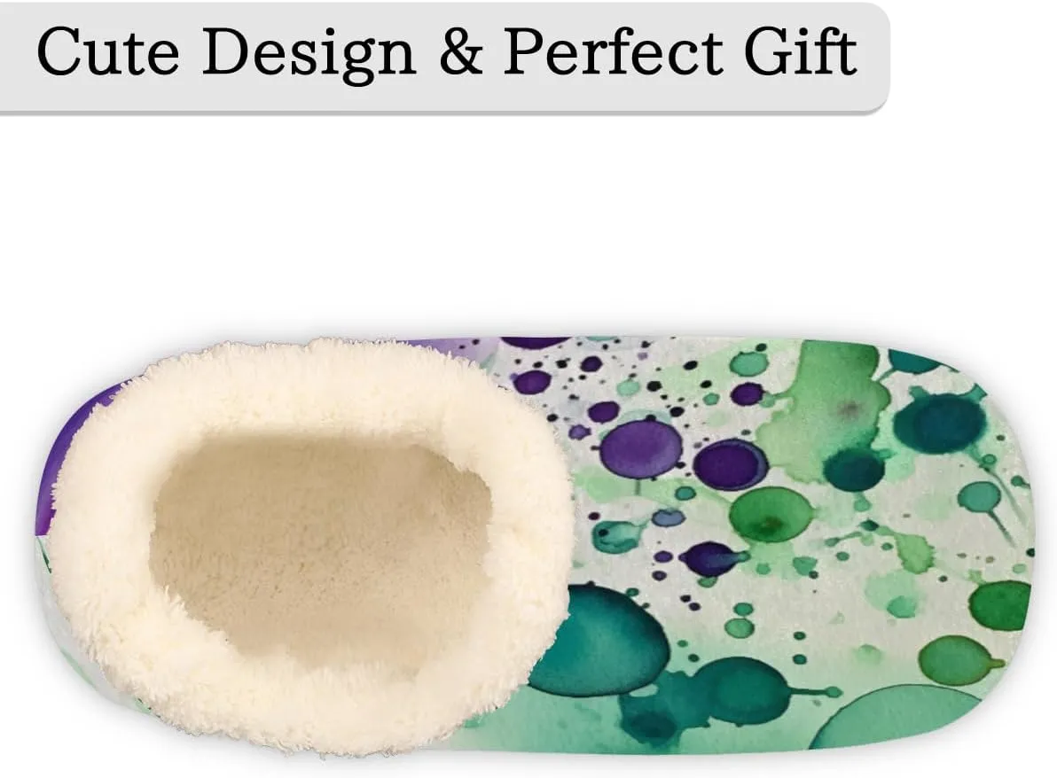 Pardick Fuzzy House Slippers for Women Men, Watercolor Dots Anti-Slip Fleece Lined Shoes, Home Bedroom Indoor Slippers with Plush Lining, Ink Splashes Warm Slippers