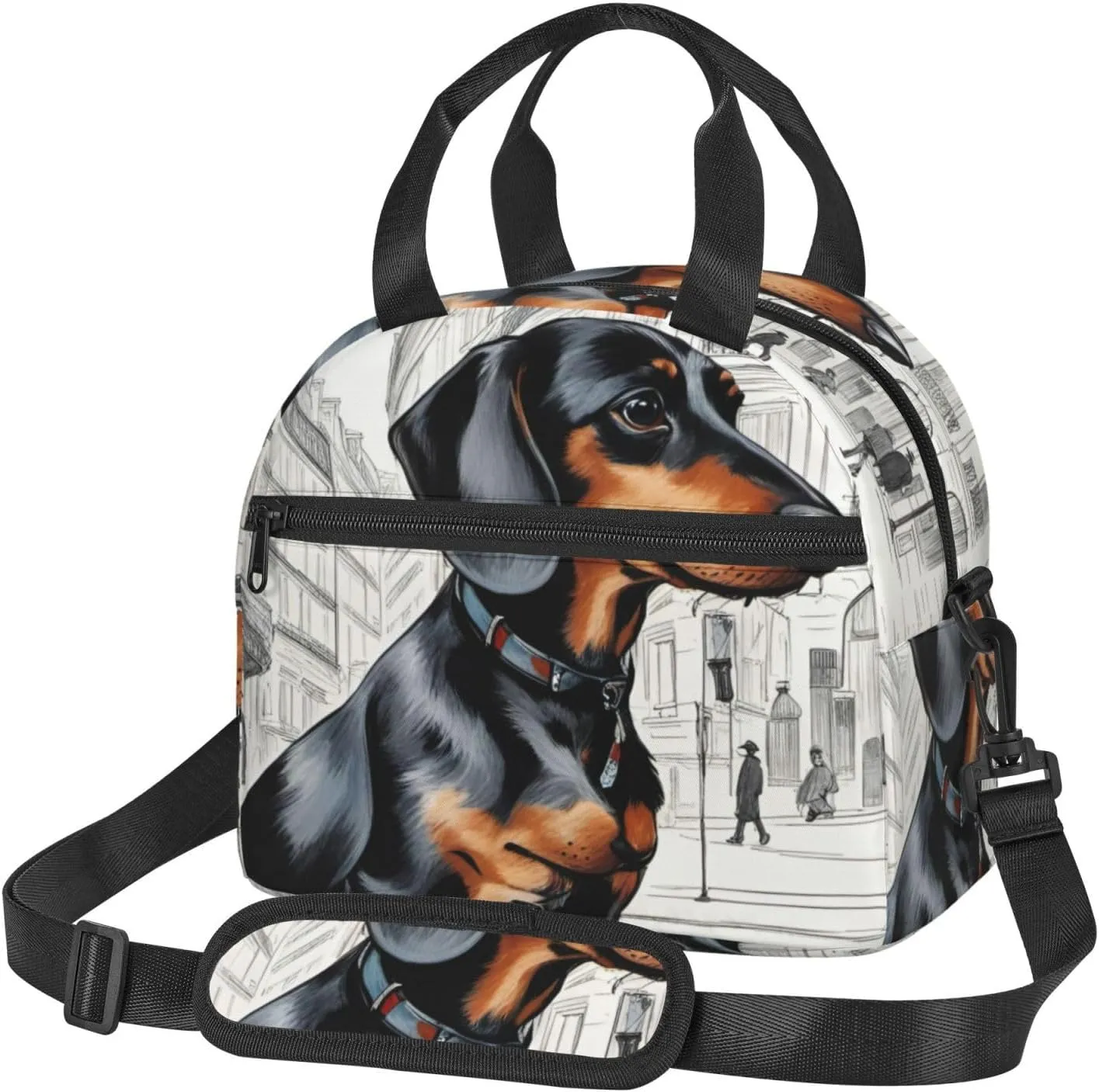Parisian Dachshund Print Insulated Lunch Bag Large Capacity Lightweight Handheld Bags Back Zipper Pockets