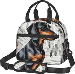 Parisian Dachshund Print Insulated Lunch Bag Large Capacity Lightweight Handheld Bags Back Zipper Pockets