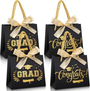 Pasimy 48 Pcs Graduation Bags with Handles Bow Ribbon Small Graduation Favor Bags Congrats Grad Treat Bags Class of 2025 Grad Paper Gift Bag for Primary Middle School Graduation Party Supplies(Black)