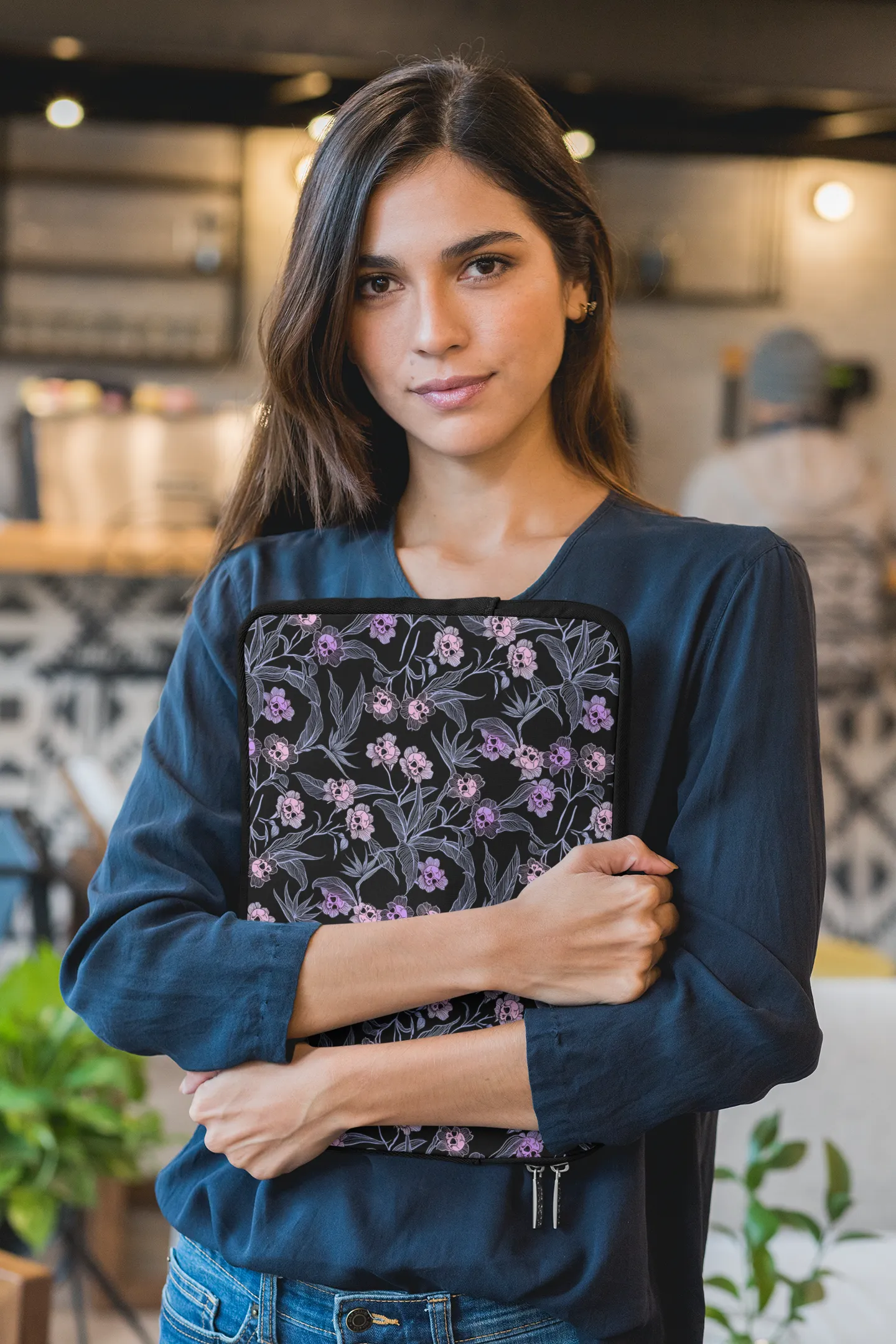Pastel Goth Floral Neoprene Laptop Sleeve - Pink   Black