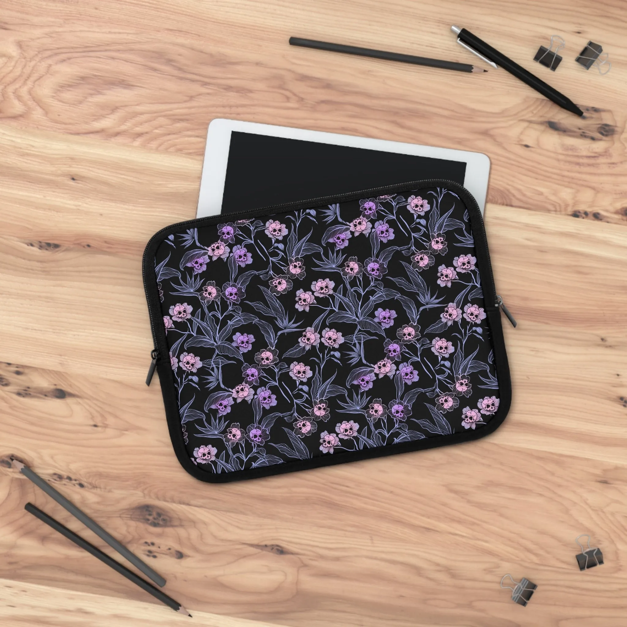 Pastel Goth Floral Neoprene Laptop Sleeve - Pink   Black