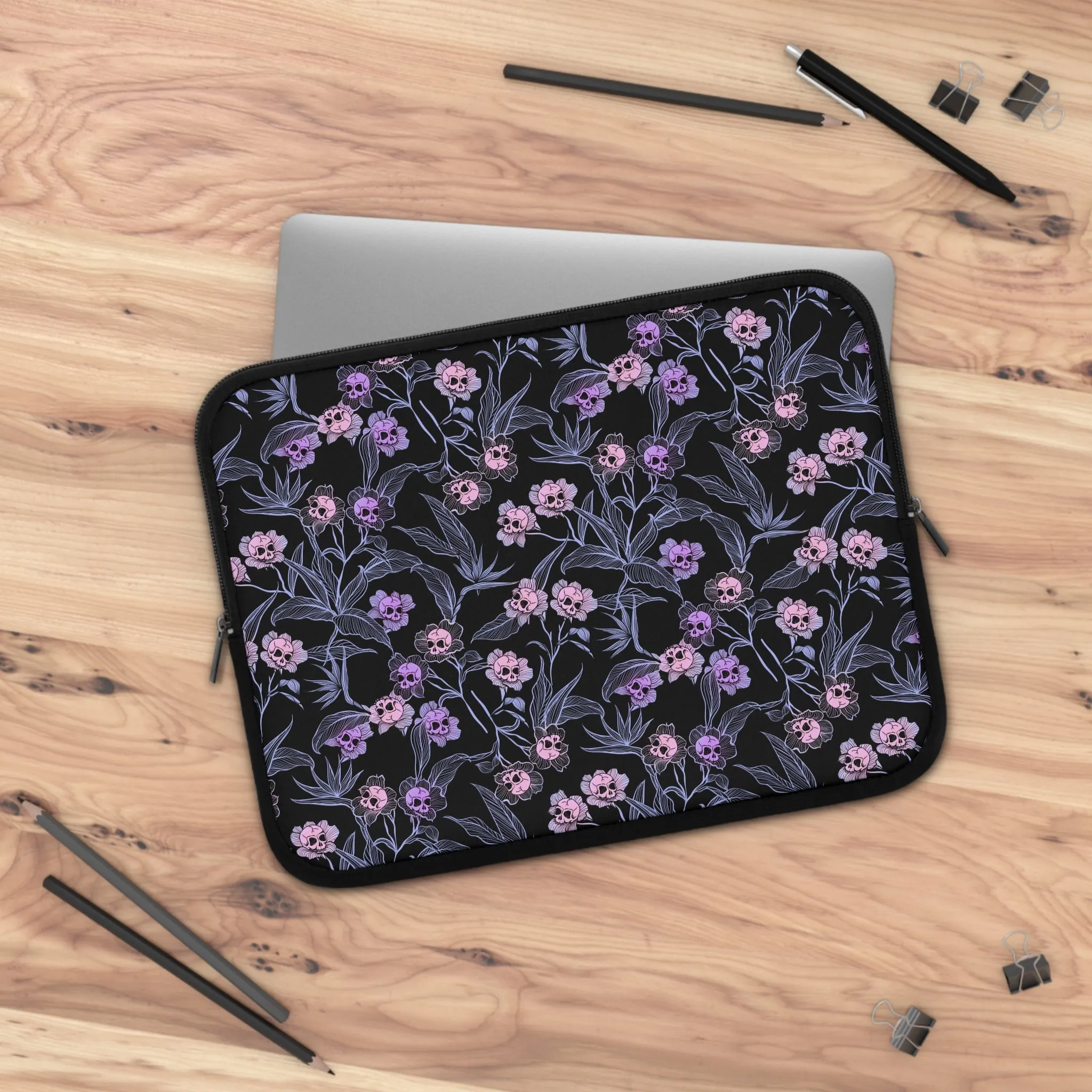 Pastel Goth Floral Neoprene Laptop Sleeve - Pink   Black