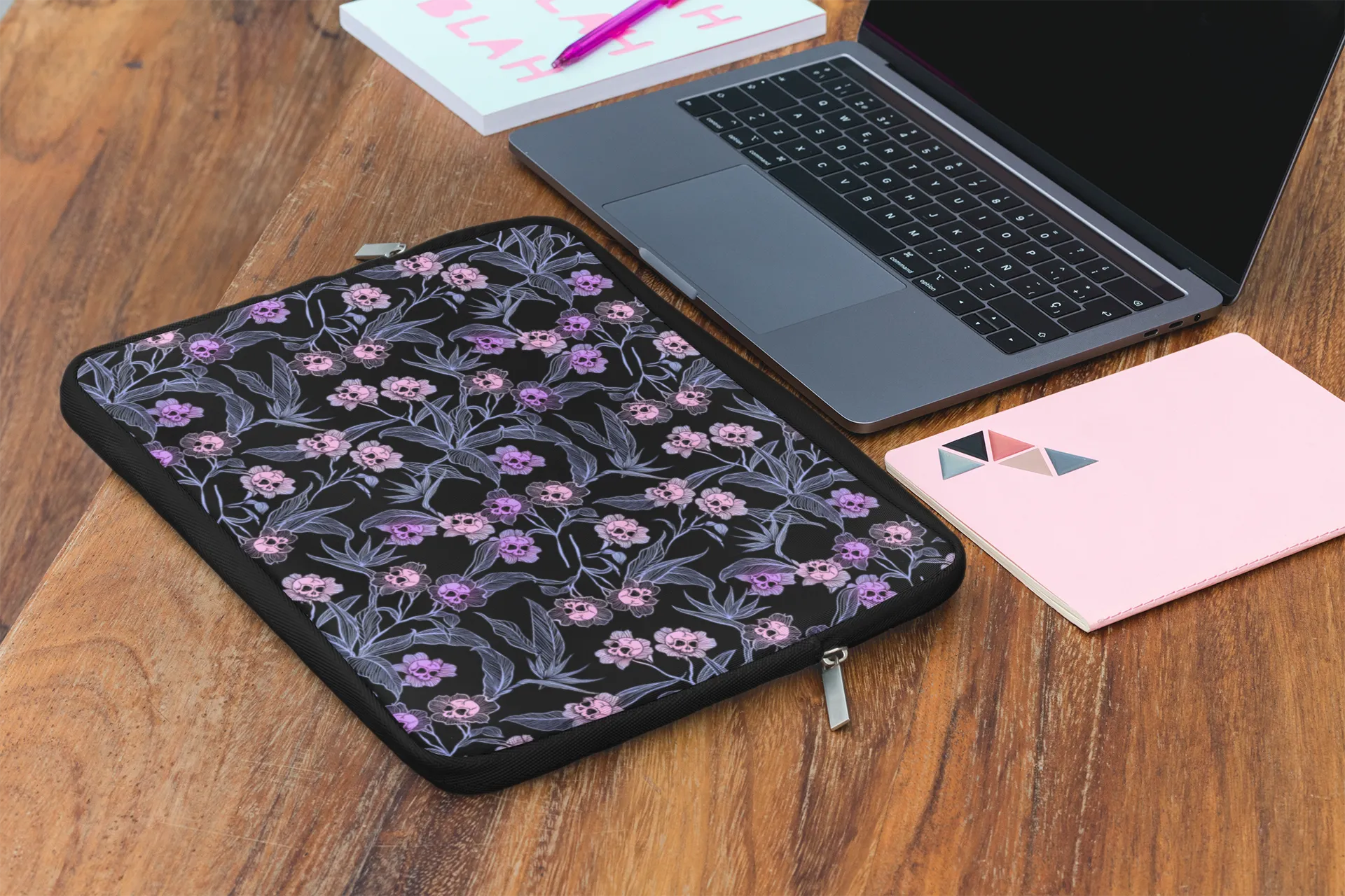 Pastel Goth Floral Neoprene Laptop Sleeve - Pink   Black