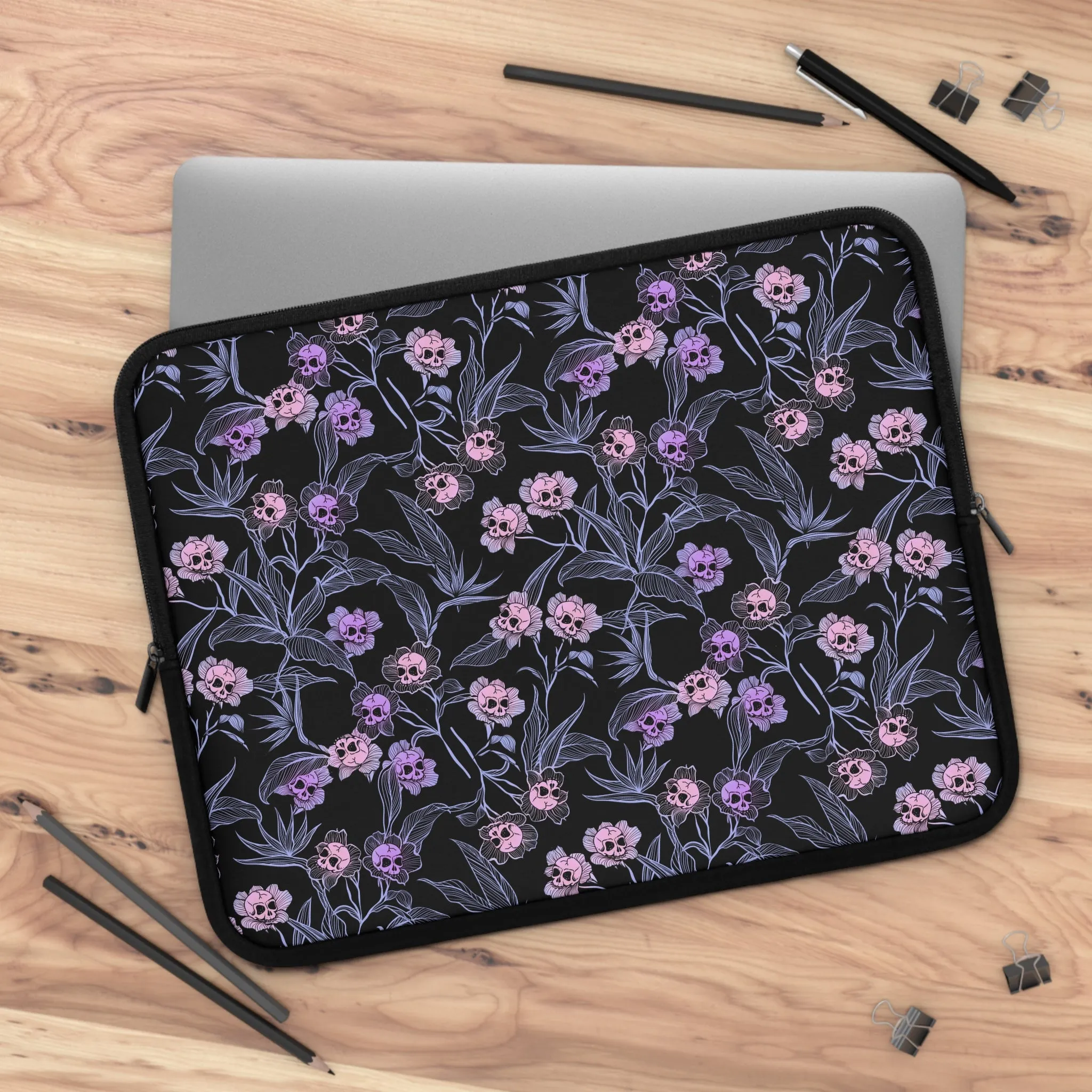 Pastel Goth Floral Neoprene Laptop Sleeve - Pink   Black