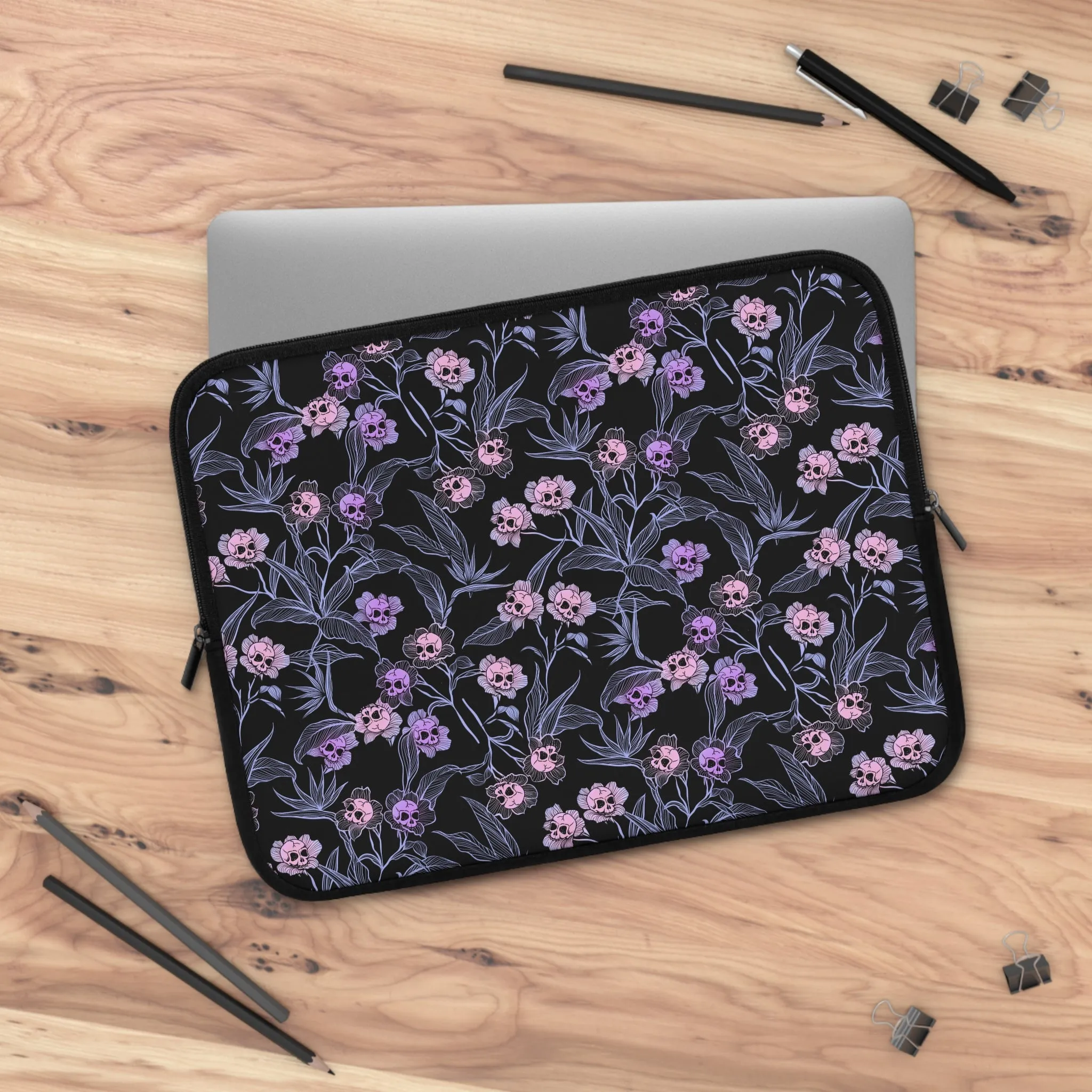 Pastel Goth Floral Neoprene Laptop Sleeve - Pink   Black
