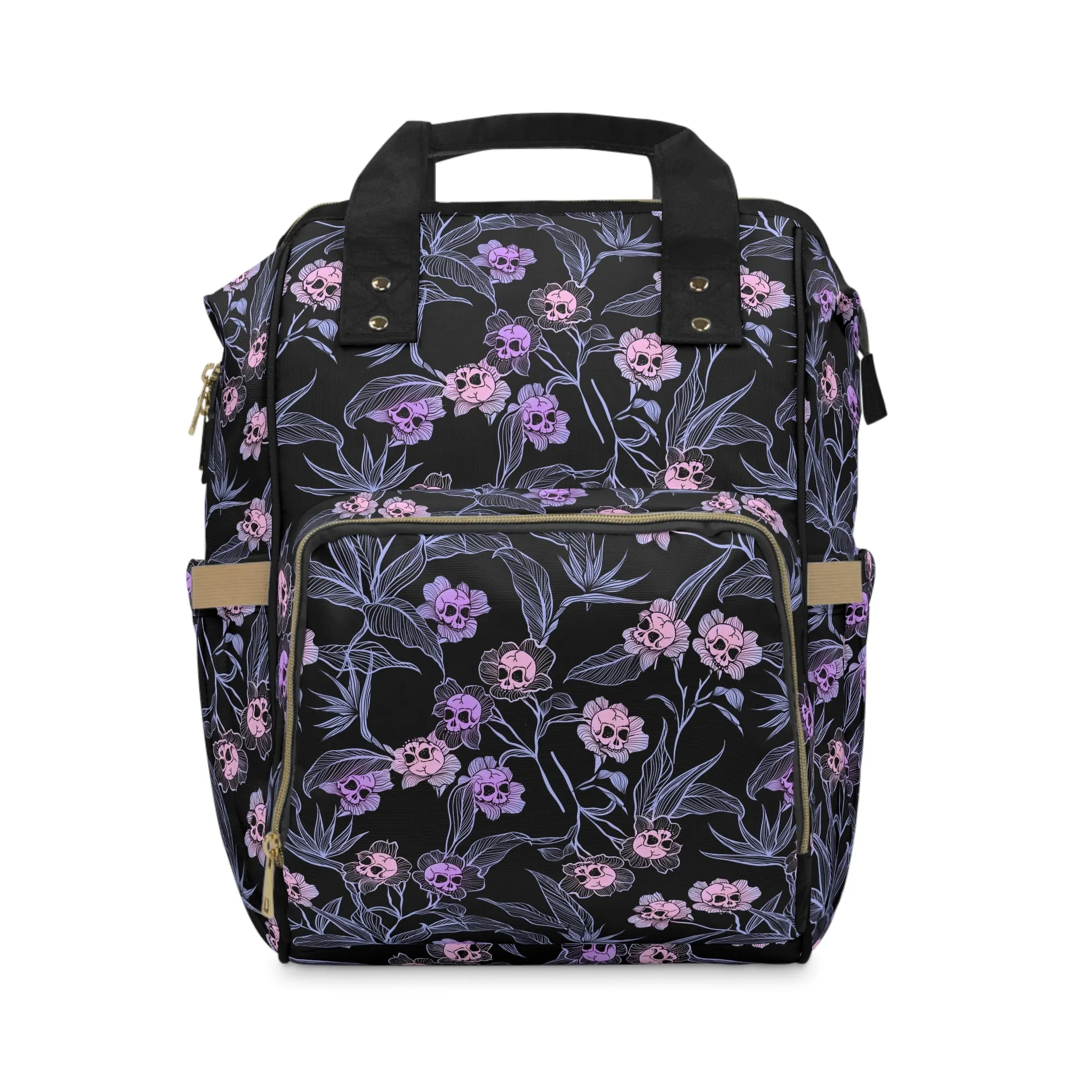Pastel Goth Floral Skull Multifunctional Diaper Backpack - Pink   Black