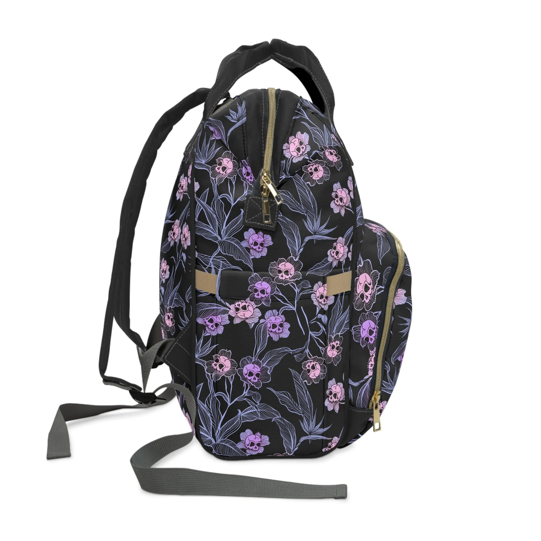 Pastel Goth Floral Skull Multifunctional Diaper Backpack - Pink   Black