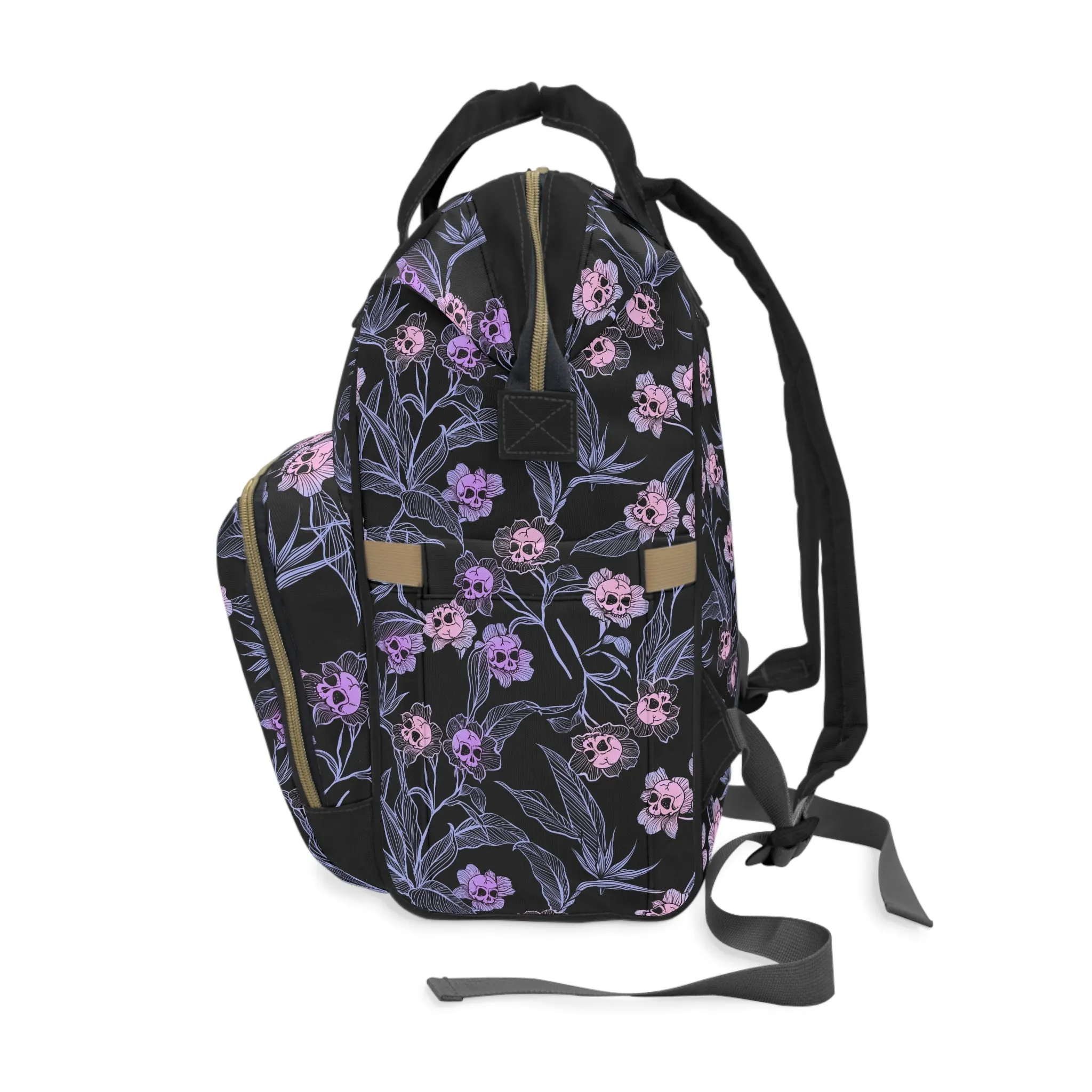 Pastel Goth Floral Skull Multifunctional Diaper Backpack - Pink   Black