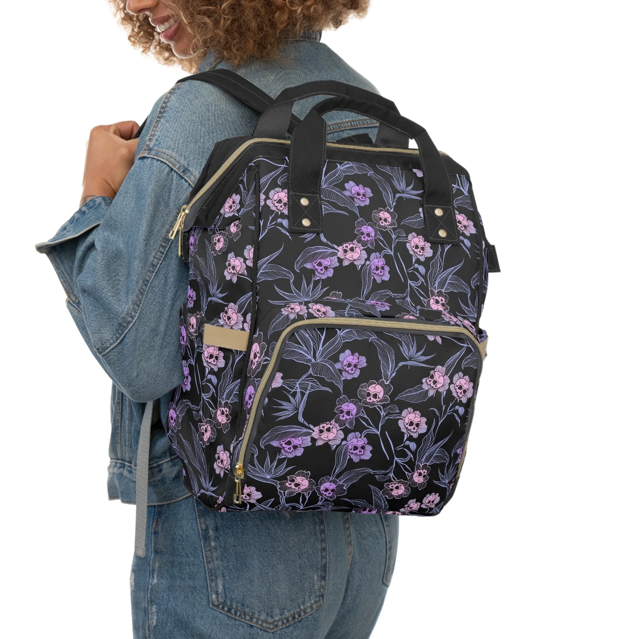 Pastel Goth Floral Skull Multifunctional Diaper Backpack - Pink   Black