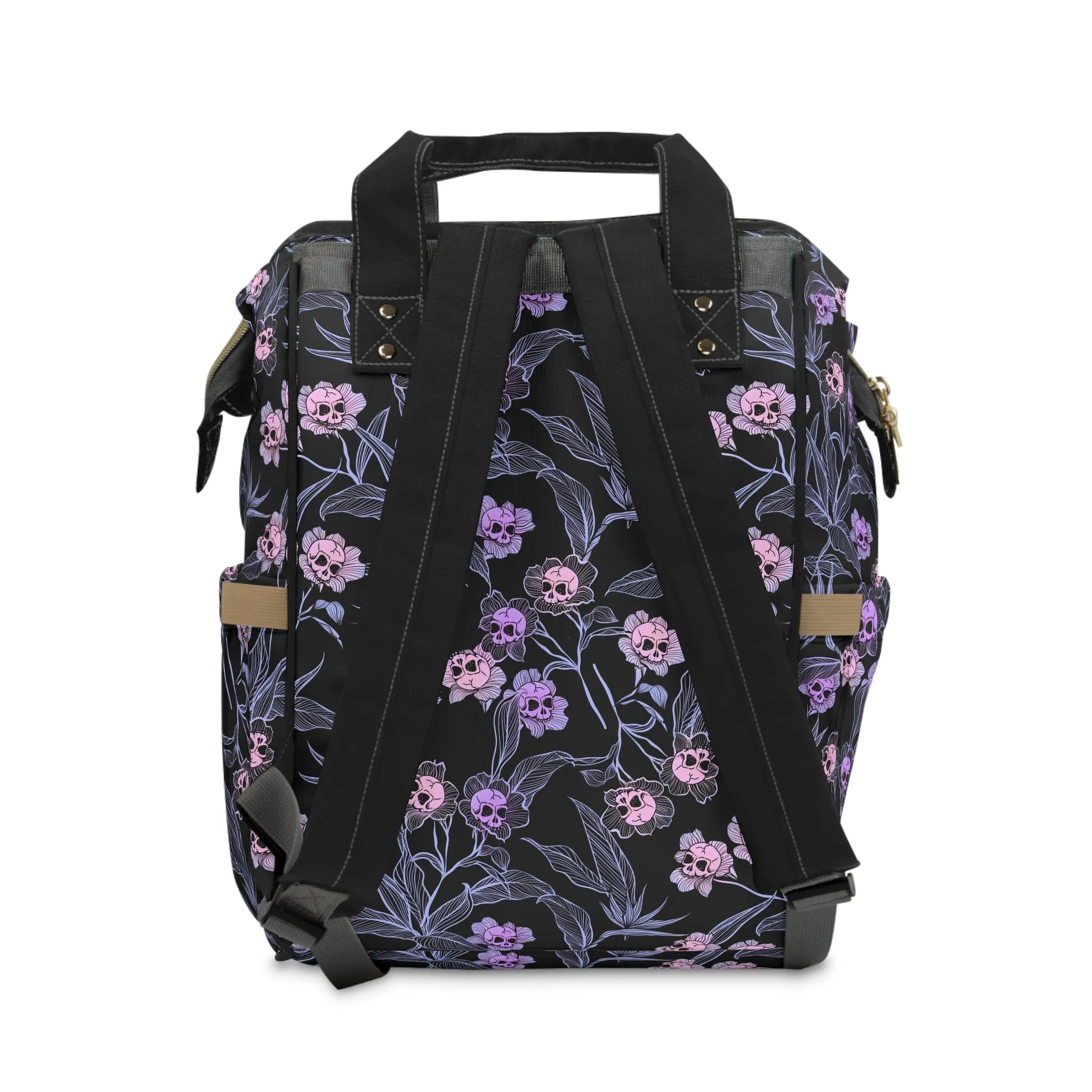 Pastel Goth Floral Skull Multifunctional Diaper Backpack - Pink   Black