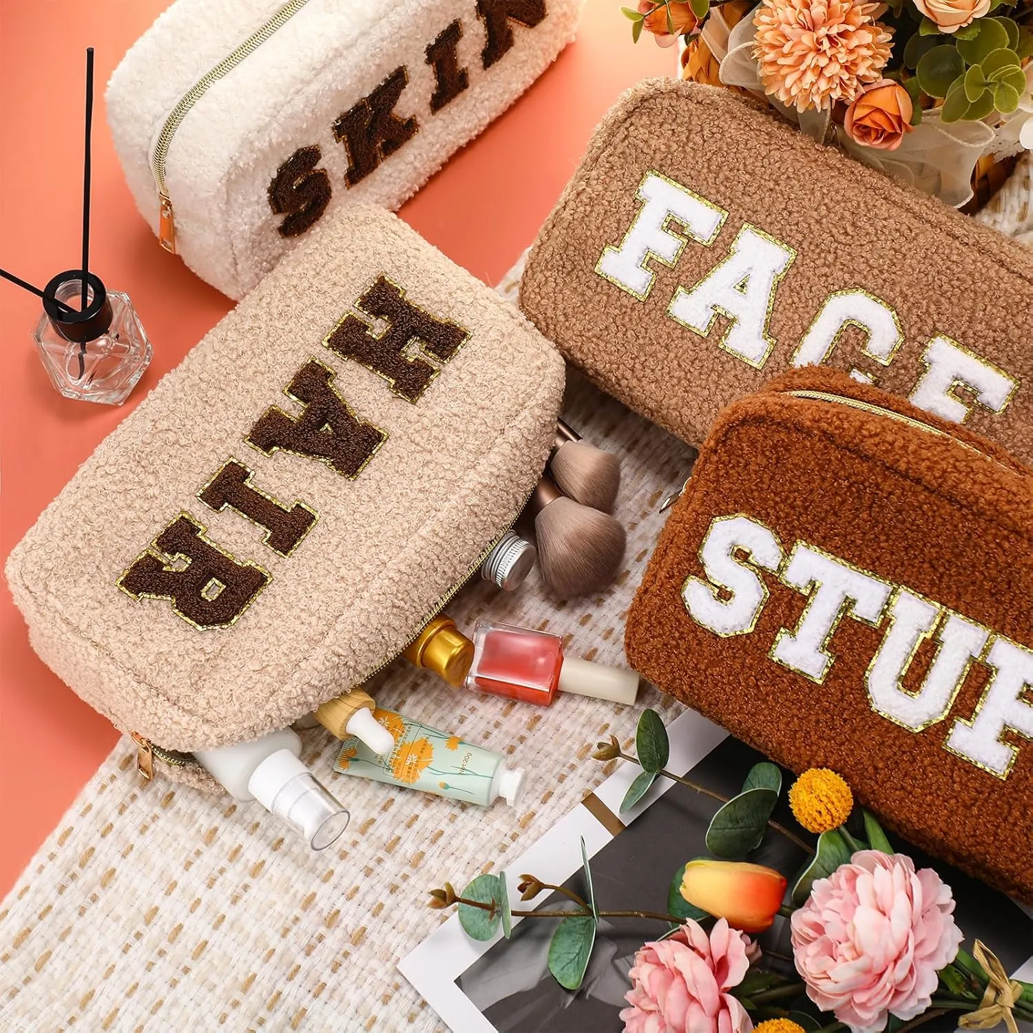 Paterr 4 Pcs Chenille Letter Preppy Patches Makeup Bag Plush Fuzzy Makeup Pouch Hair Skin Face Stuff Bag Large Cosmetic Purse Zipper Travel Toiletry Kit for Spring Gift(Beige Brown Colors)