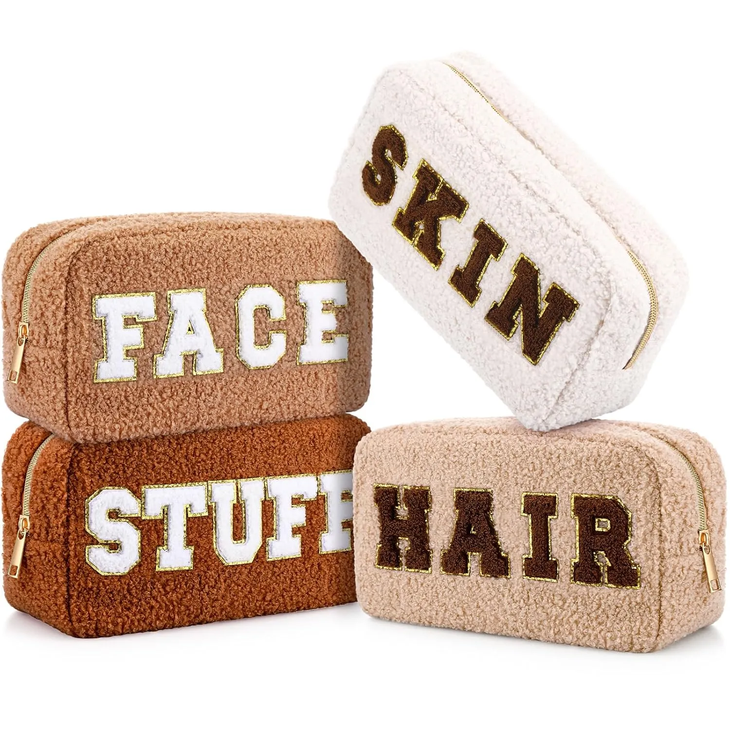 Paterr 4 Pcs Chenille Letter Preppy Patches Makeup Bag Plush Fuzzy Makeup Pouch Hair Skin Face Stuff Bag Large Cosmetic Purse Zipper Travel Toiletry Kit for Spring Gift(Beige Brown Colors)