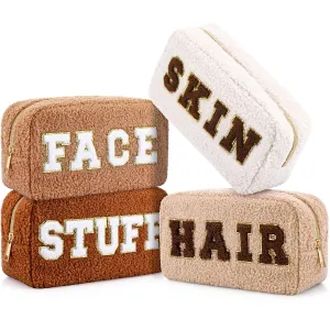 Paterr 4 Pcs Chenille Letter Preppy Patches Makeup Bag Plush Fuzzy Makeup Pouch Hair Skin Face Stuff Bag Large Cosmetic Purse Zipper Travel Toiletry Kit for Spring Gift(Beige Brown Colors)