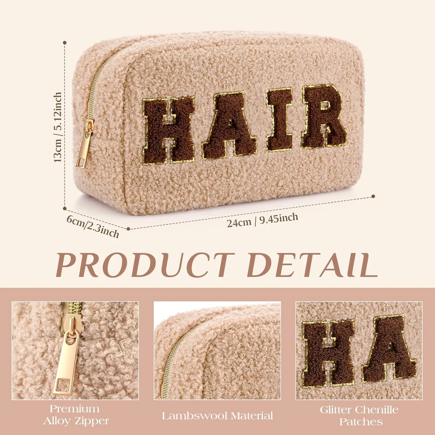 Paterr 4 Pcs Chenille Letter Preppy Patches Makeup Bag Plush Fuzzy Makeup Pouch Hair Skin Face Stuff Bag Large Cosmetic Purse Zipper Travel Toiletry Kit for Spring Gift(Beige Brown Colors)