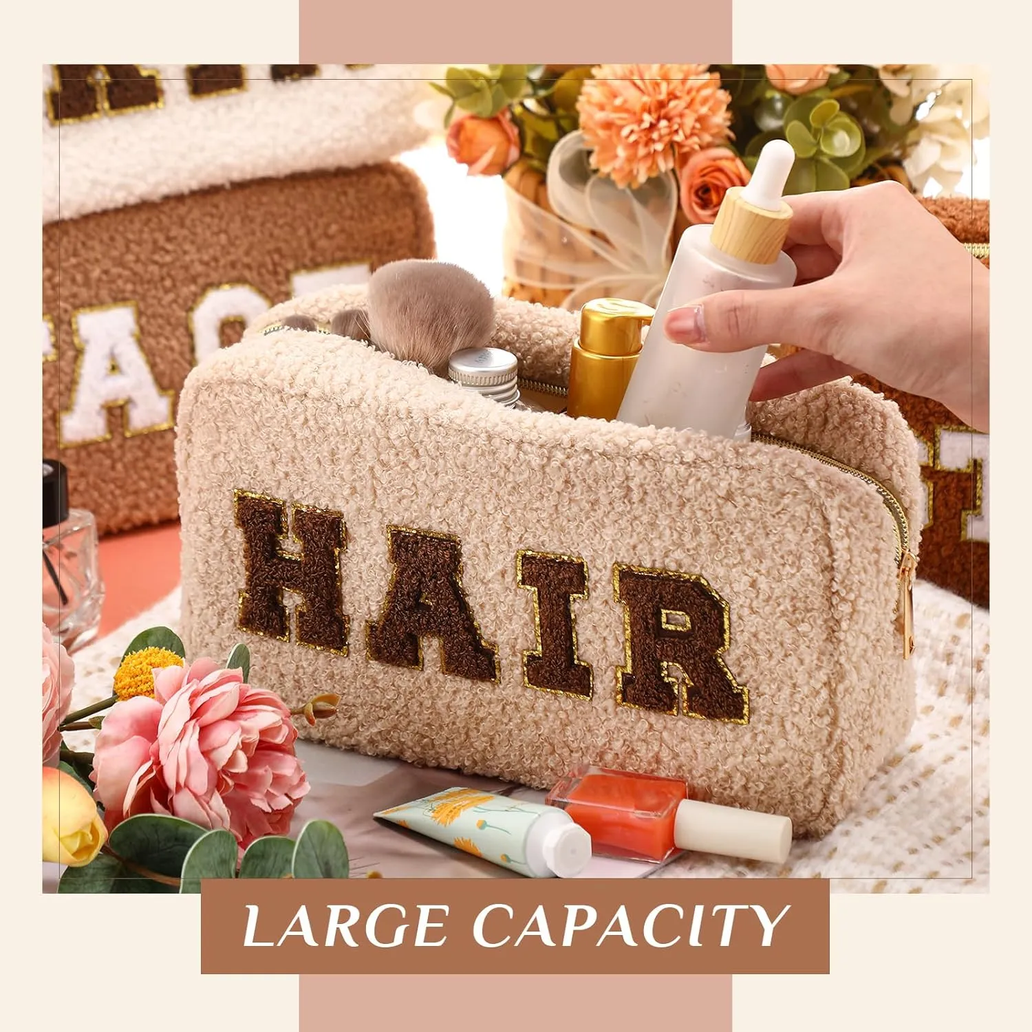 Paterr 4 Pcs Chenille Letter Preppy Patches Makeup Bag Plush Fuzzy Makeup Pouch Hair Skin Face Stuff Bag Large Cosmetic Purse Zipper Travel Toiletry Kit for Spring Gift(Beige Brown Colors)