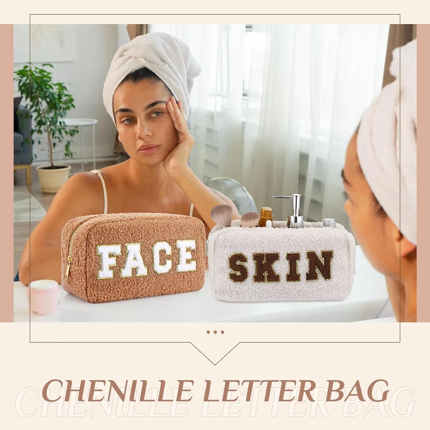 Paterr 4 Pcs Chenille Letter Preppy Patches Makeup Bag Plush Fuzzy Makeup Pouch Hair Skin Face Stuff Bag Large Cosmetic Purse Zipper Travel Toiletry Kit for Spring Gift(Beige Brown Colors)