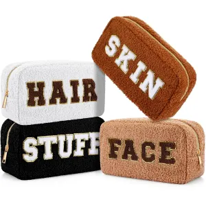 Paterr 4 Pcs Chenille Letter Preppy Patches Makeup Bag Plush Fuzzy Makeup Pouch Hair Skin Face Stuff Bag Large Cosmetic Purse Zipper Travel Toiletry Kit for Spring Gift(White Black Colors)