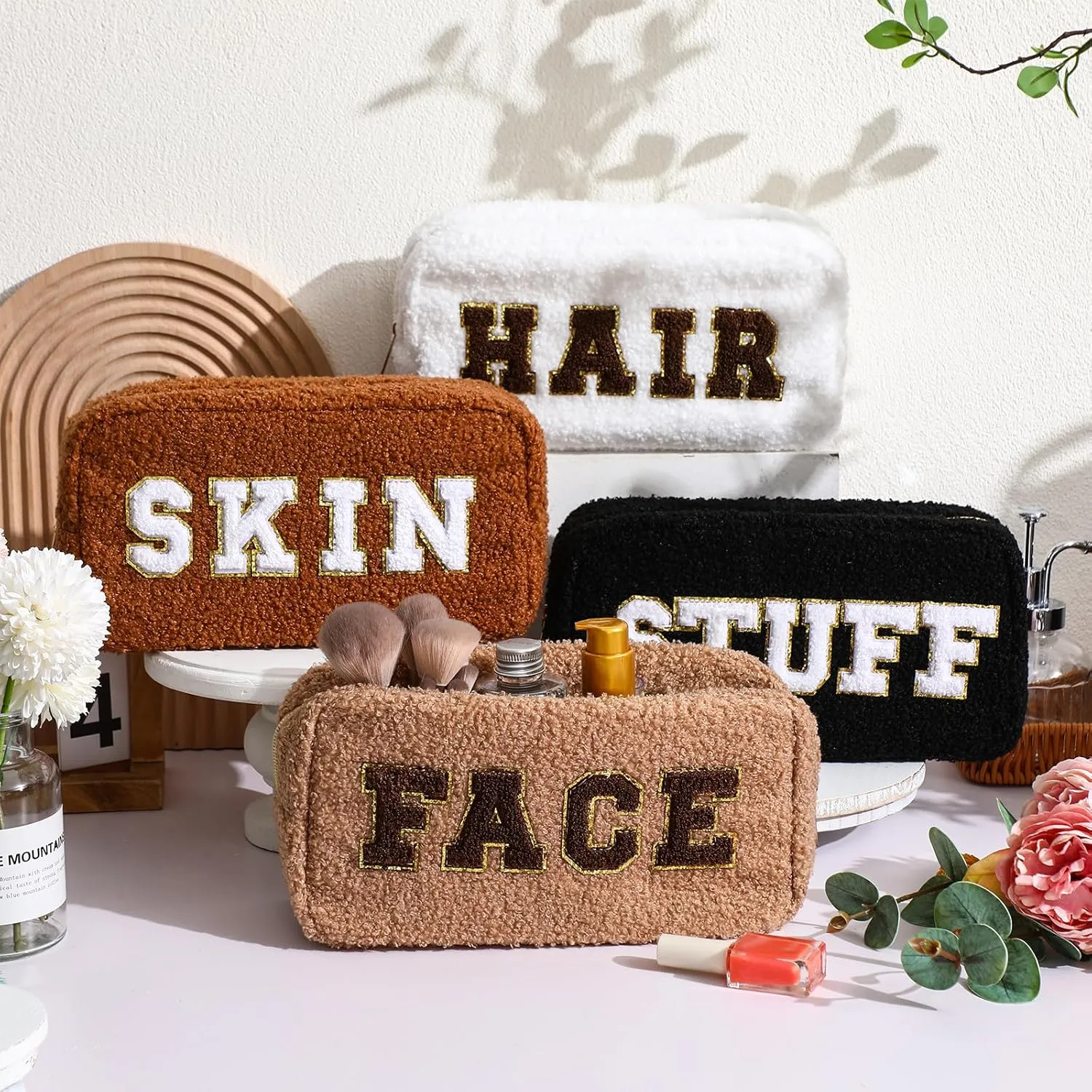 Paterr 4 Pcs Chenille Letter Preppy Patches Makeup Bag Plush Fuzzy Makeup Pouch Hair Skin Face Stuff Bag Large Cosmetic Purse Zipper Travel Toiletry Kit for Spring Gift(White Black Colors)