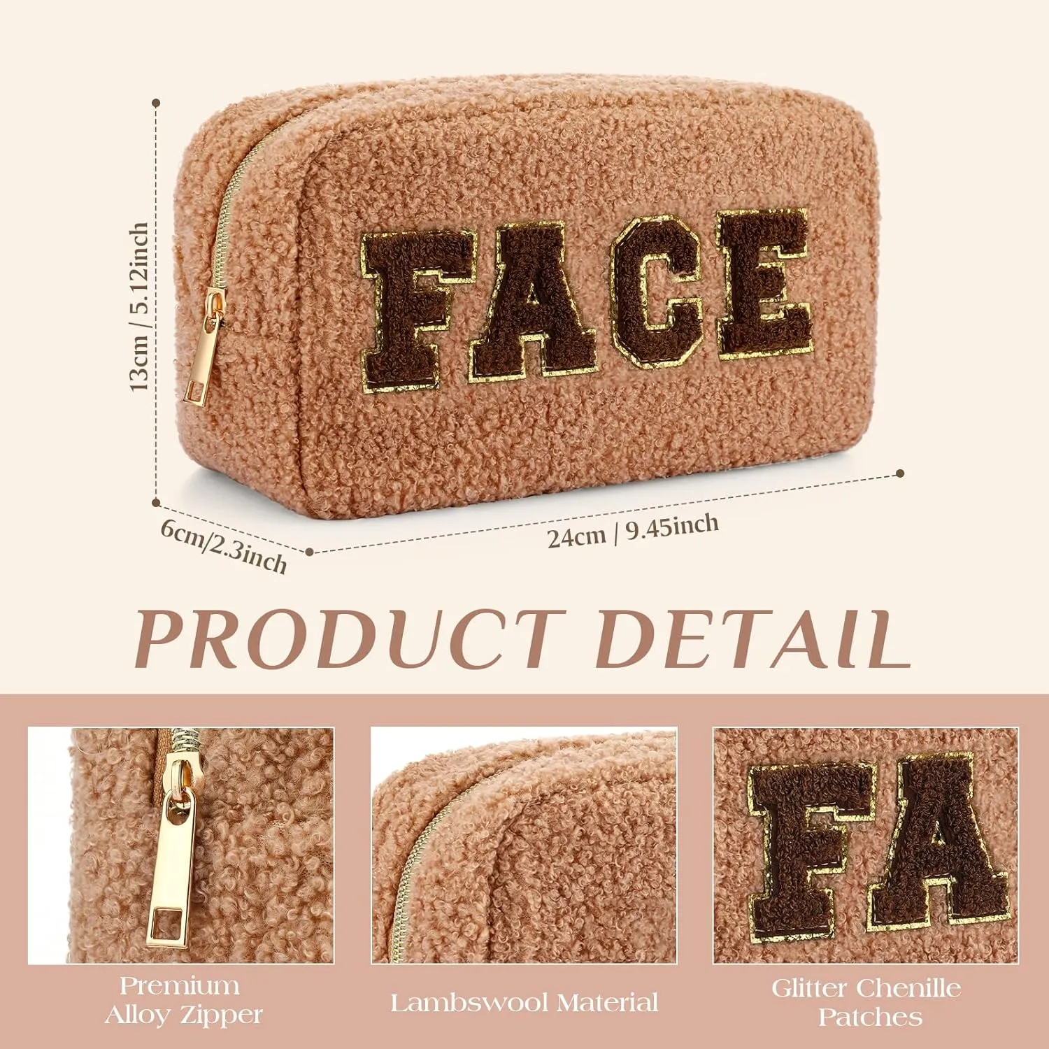 Paterr 4 Pcs Chenille Letter Preppy Patches Makeup Bag Plush Fuzzy Makeup Pouch Hair Skin Face Stuff Bag Large Cosmetic Purse Zipper Travel Toiletry Kit for Spring Gift(White Black Colors)