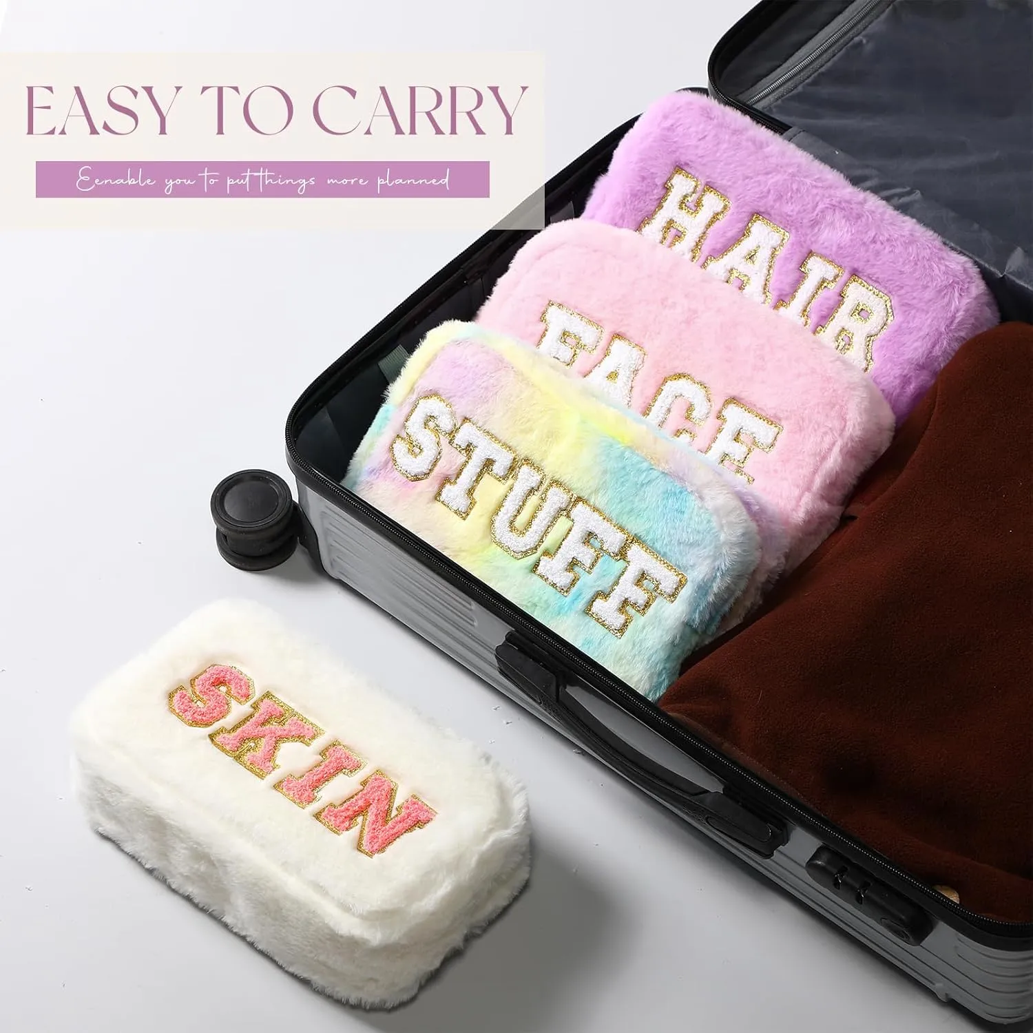 Paterr 4 Pieces Chenille Letter Preppy Patches Makeup Bag Plush Fuzzy Cosmetic Hair Face Skin Toiletry Travel Bag Pouch with Zipper Preppy Stuff for Girls Women(Fancy Color)