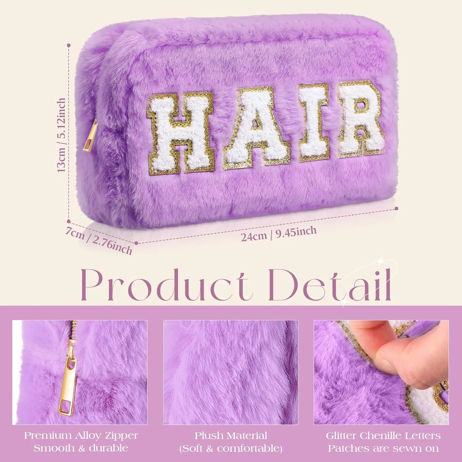 Paterr 4 Pieces Chenille Letter Preppy Patches Makeup Bag Plush Fuzzy Cosmetic Hair Face Skin Toiletry Travel Bag Pouch with Zipper Preppy Stuff for Girls Women(Fancy Color)