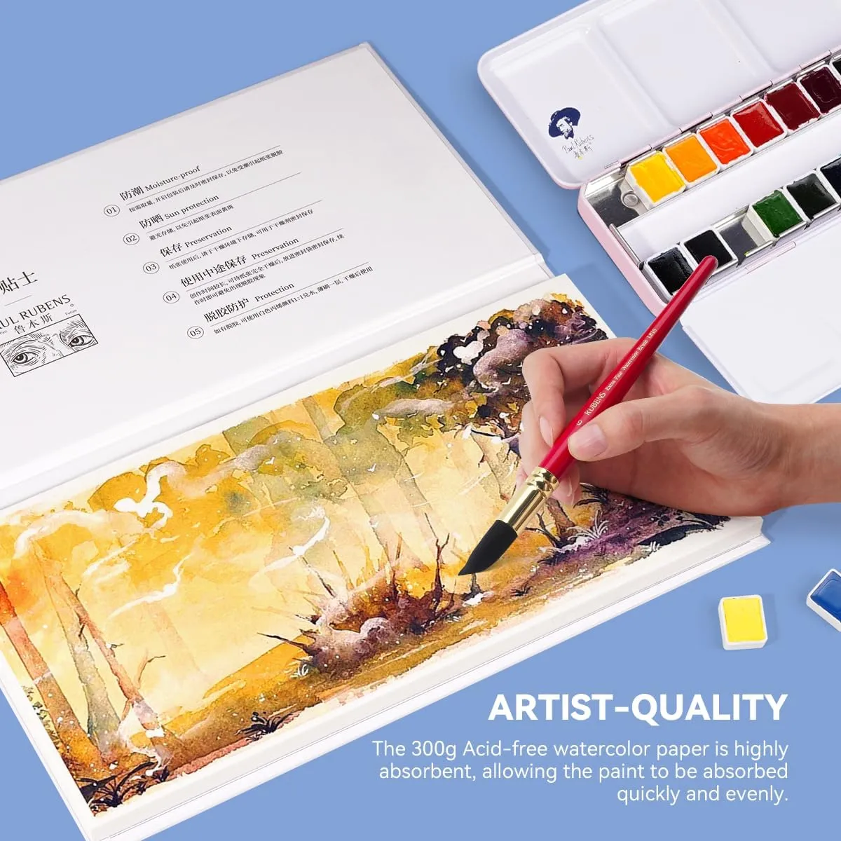 Paul Rubens Square Watercolor Block,100% Cotton Watercolor Paper Pad, 300gsm/140lb, Acid-Free, 20 Sheets Hot Press Watercolour Sketchbook for Artists Adults Students, 11.54 * 5.91 Inches