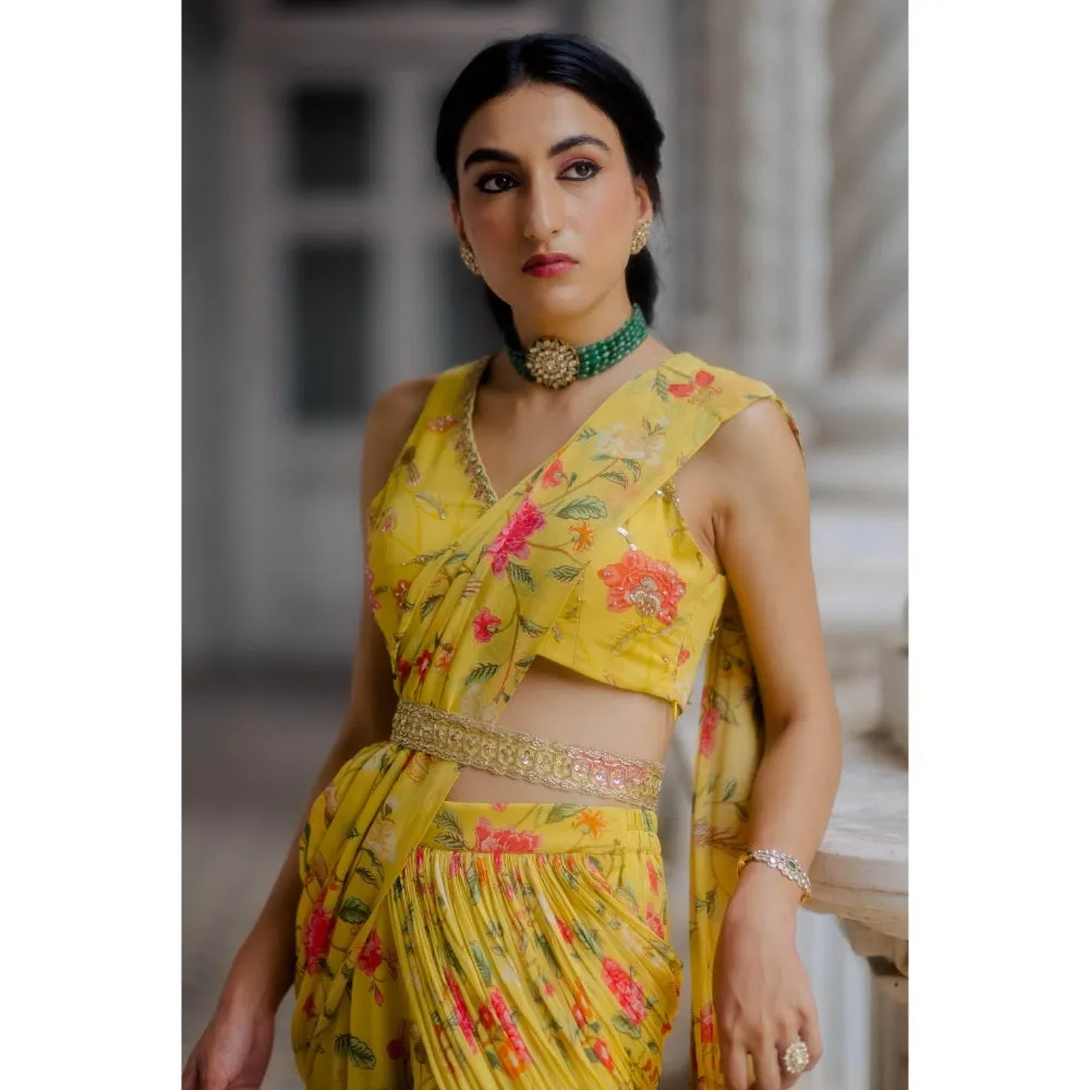 Paulmi & Harsh Sunshine Yellow Chintz Sharara Saree (Set of 3)