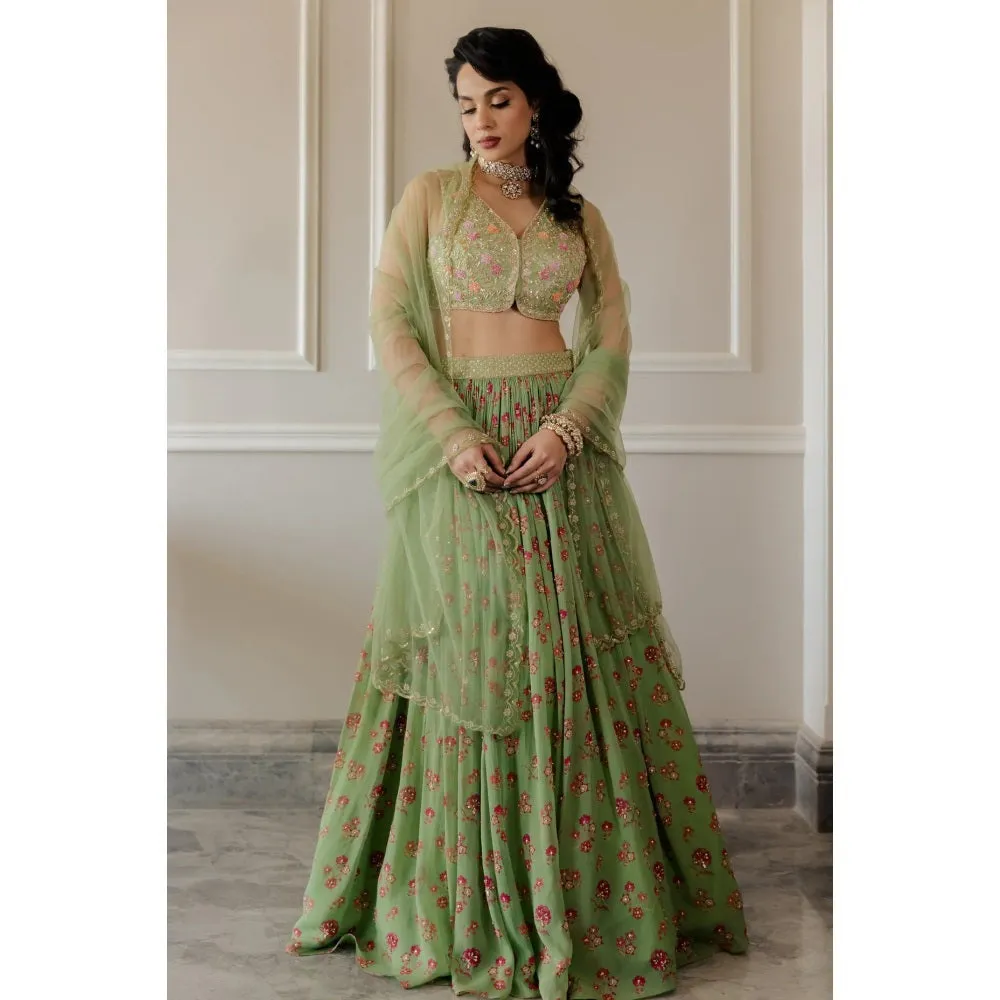 Paulmi Harsh Pista Green Chintz Lehenga Set (Set of 3)