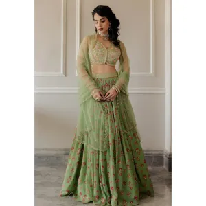 Paulmi Harsh Pista Green Chintz Lehenga Set (Set of 3)