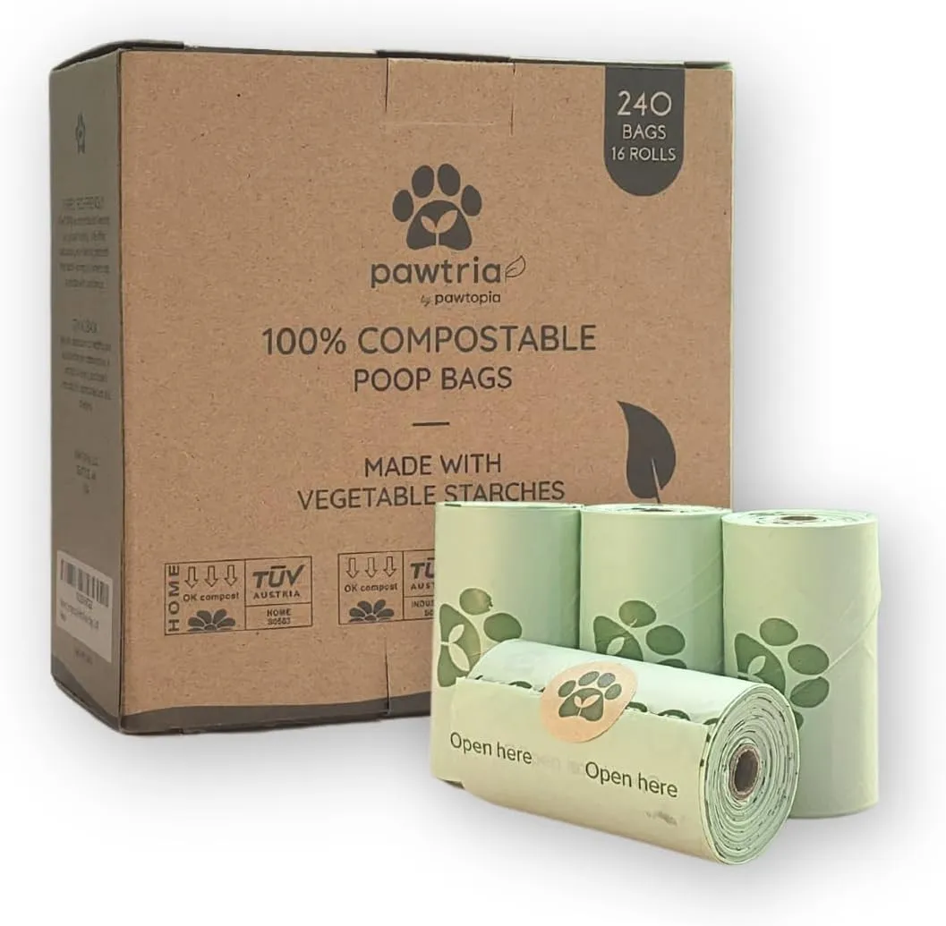 Pawtria Certified Home Compostable Dog Poop Bags (240 Bags), Biodegradable Poop Bags, Cat Litter, Vegetable Starches, Eco-friendly Dog Waste Bags, Leak proof, Easy to Open, Give Back