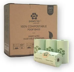 Pawtria Certified Home Compostable Dog Poop Bags (240 Bags), Biodegradable Poop Bags, Cat Litter, Vegetable Starches, Eco-friendly Dog Waste Bags, Leak proof, Easy to Open, Give Back