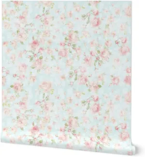 Peel & Stick Wallpaper 3ft x 2ft - Romantic Rose Shabby Chic Retro 90S Pink Floral Faded Blue Pastel Chintz Cottagecore Custom Removable Wallpaper by Spoonflower