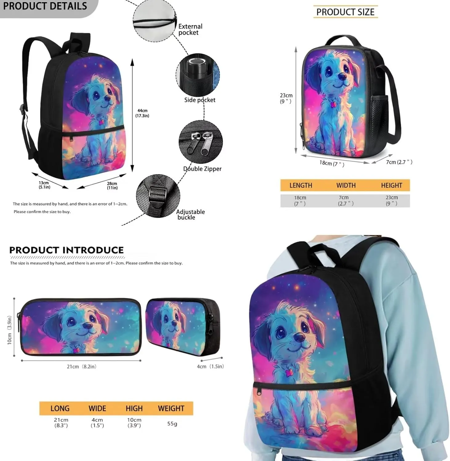 Persian Cat Kids Backpack Set of 3 with School Lunch Bags for Teen Girls Cartoon Bookbag for Kids Lightweight Soft Pencil Box for Travel Hiking Daypack