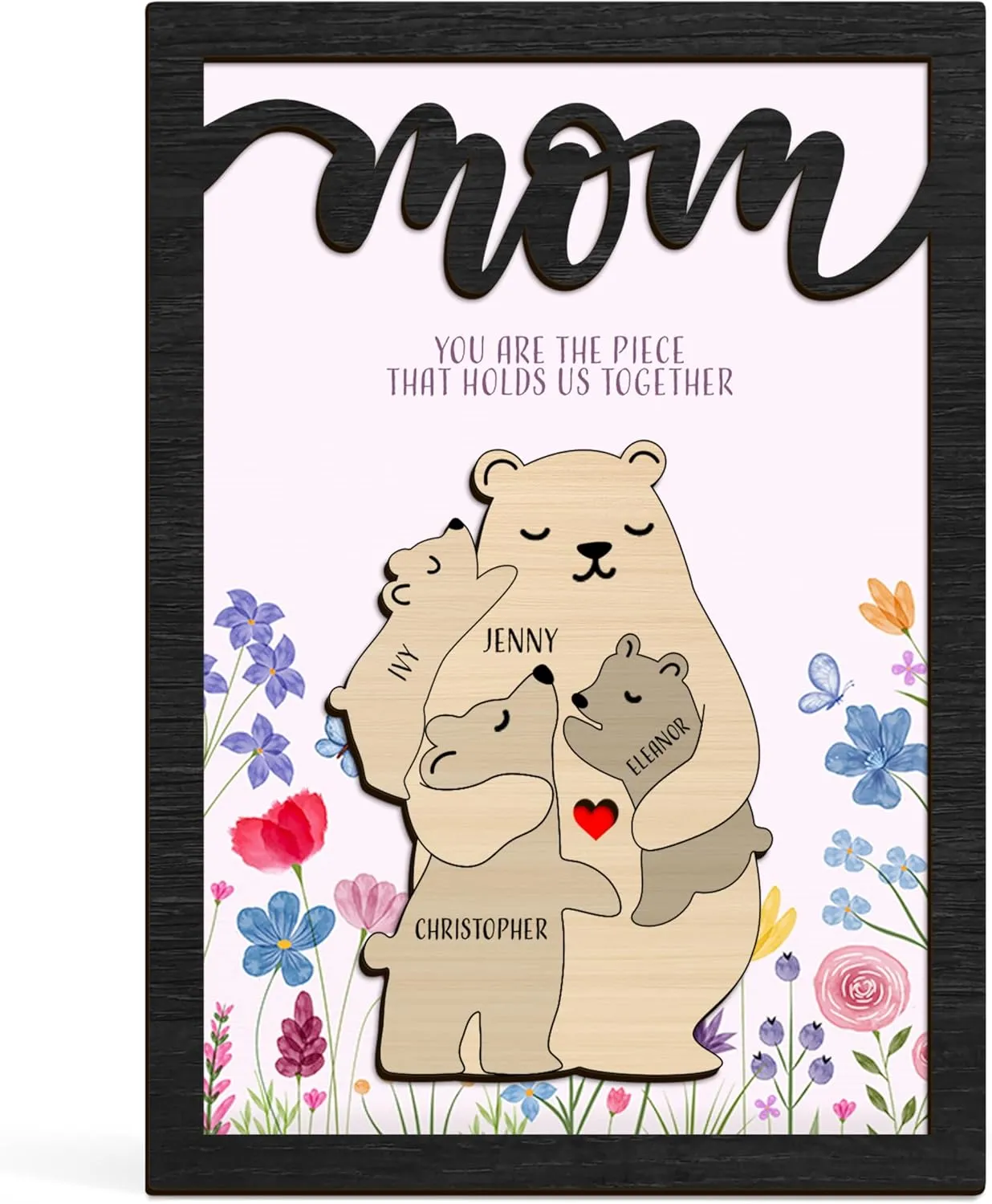 Personalized Bear Family Wooden Puzzle with Cubs | MOM You are The Piece That Holds Us Together | Up to 6 Cubs, Sign, Custom Mama Bear and Cubs Sign