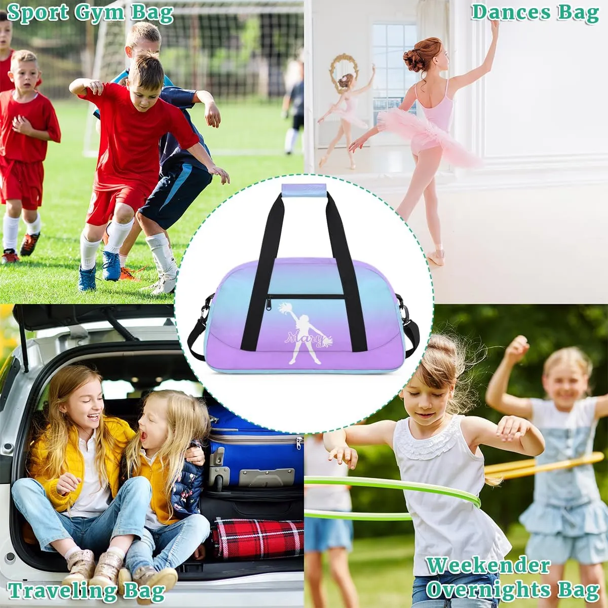 Personalized Cheer Bag Girl Sport Duffel Bag, Custom Kids Gym Bag, Customize Travel Duffle Bag with Name, Overnight Weekender Bags,Blue Purple Gradient, Cheerleading Gifts