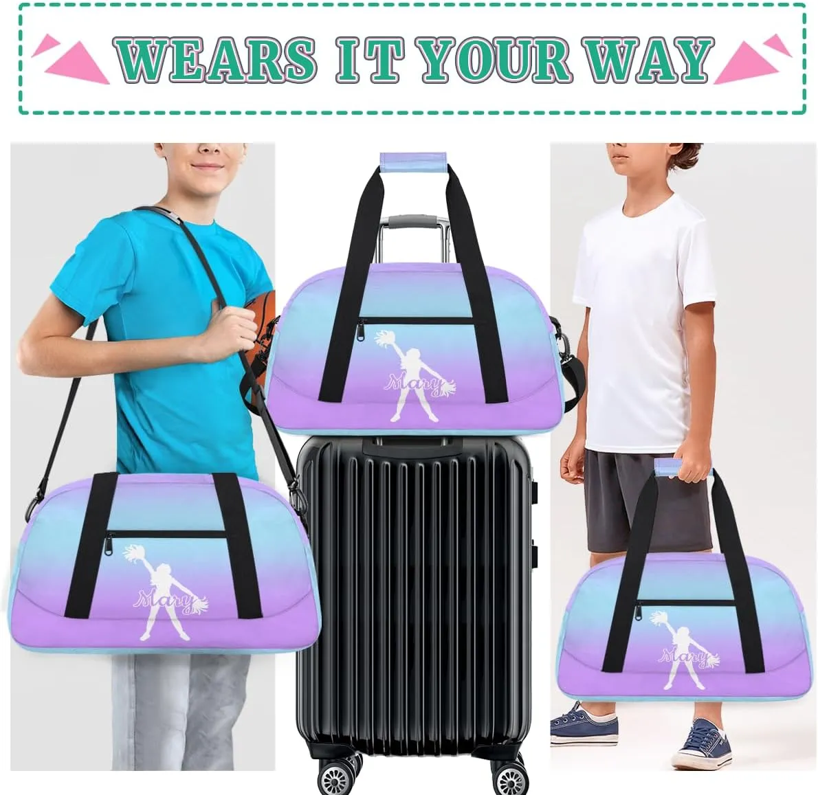 Personalized Cheer Bag Girl Sport Duffel Bag, Custom Kids Gym Bag, Customize Travel Duffle Bag with Name, Overnight Weekender Bags,Blue Purple Gradient, Cheerleading Gifts