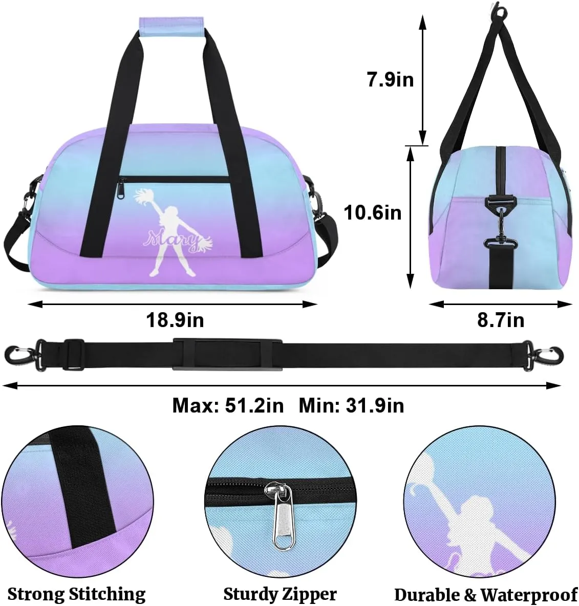 Personalized Cheer Bag Girl Sport Duffel Bag, Custom Kids Gym Bag, Customize Travel Duffle Bag with Name, Overnight Weekender Bags,Blue Purple Gradient, Cheerleading Gifts