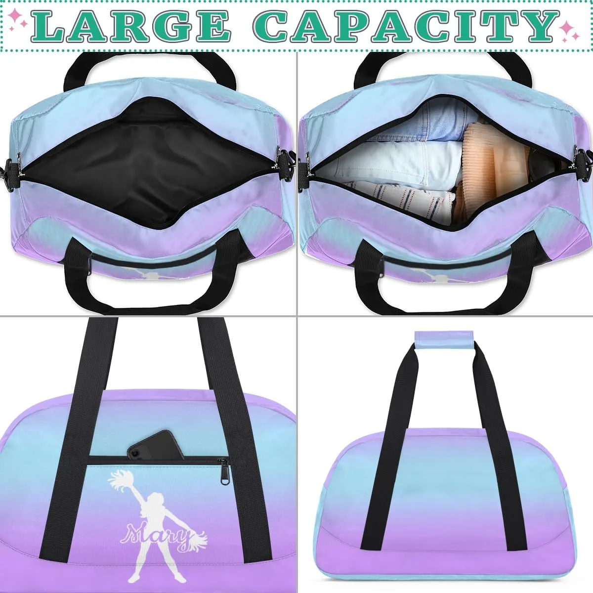 Personalized Cheer Bag Girl Sport Duffel Bag, Custom Kids Gym Bag, Customize Travel Duffle Bag with Name, Overnight Weekender Bags,Blue Purple Gradient, Cheerleading Gifts