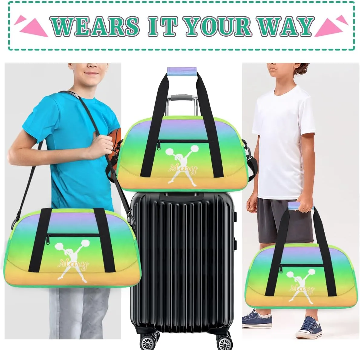 Personalized Cheer Bag Girl Sport Duffel Bag, Custom Kids Gym Bag, Customize Travel Duffle Bag with Name, Overnight Weekender Bags,Gradient Rainbow, Cheerleading Gifts