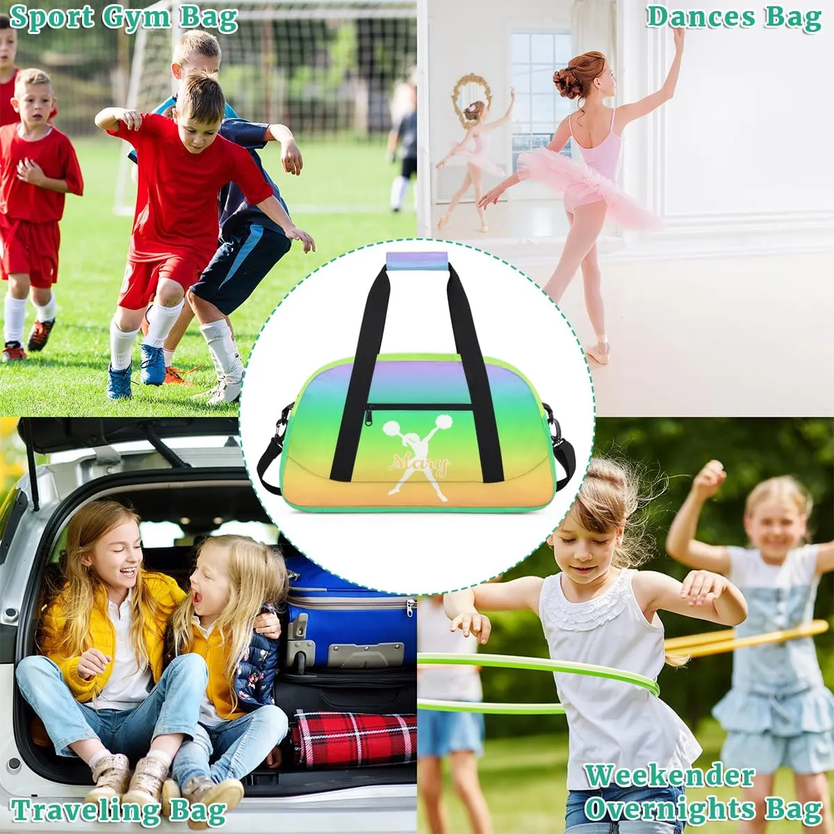 Personalized Cheer Bag Girl Sport Duffel Bag, Custom Kids Gym Bag, Customize Travel Duffle Bag with Name, Overnight Weekender Bags,Gradient Rainbow, Cheerleading Gifts