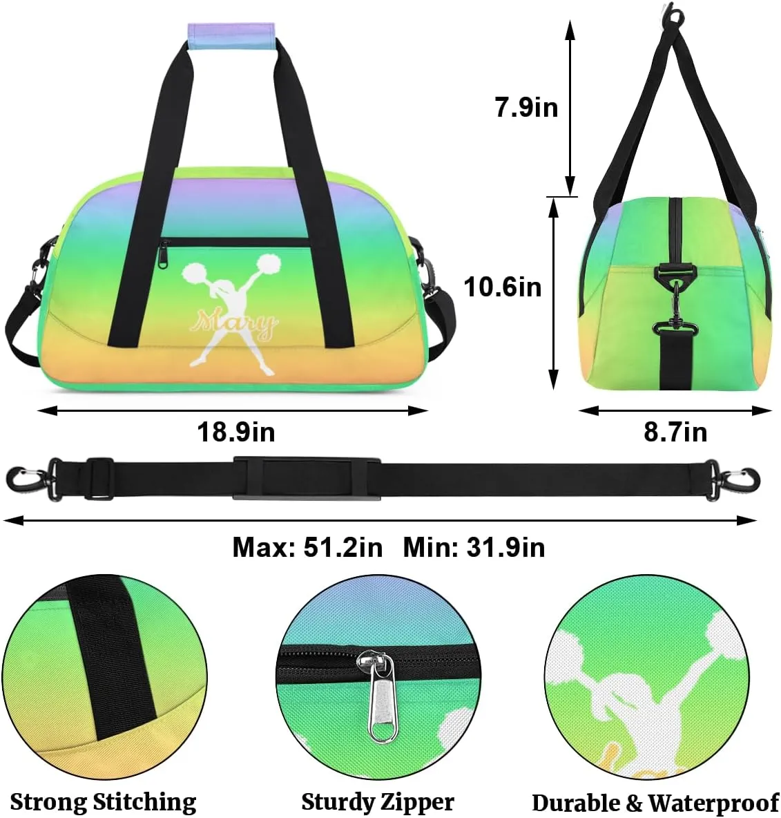 Personalized Cheer Bag Girl Sport Duffel Bag, Custom Kids Gym Bag, Customize Travel Duffle Bag with Name, Overnight Weekender Bags,Gradient Rainbow, Cheerleading Gifts