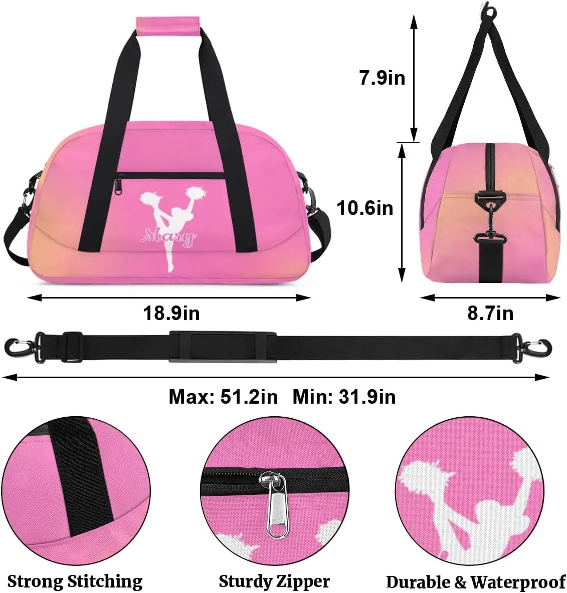 Personalized Cheer Bag Girl Sport Duffel Bag, Custom Kids Gym Bag, Customize Travel Duffle Bag with Name, Overnight Weekender Bags,Orange Pink Gradient, Cheerleading Gifts