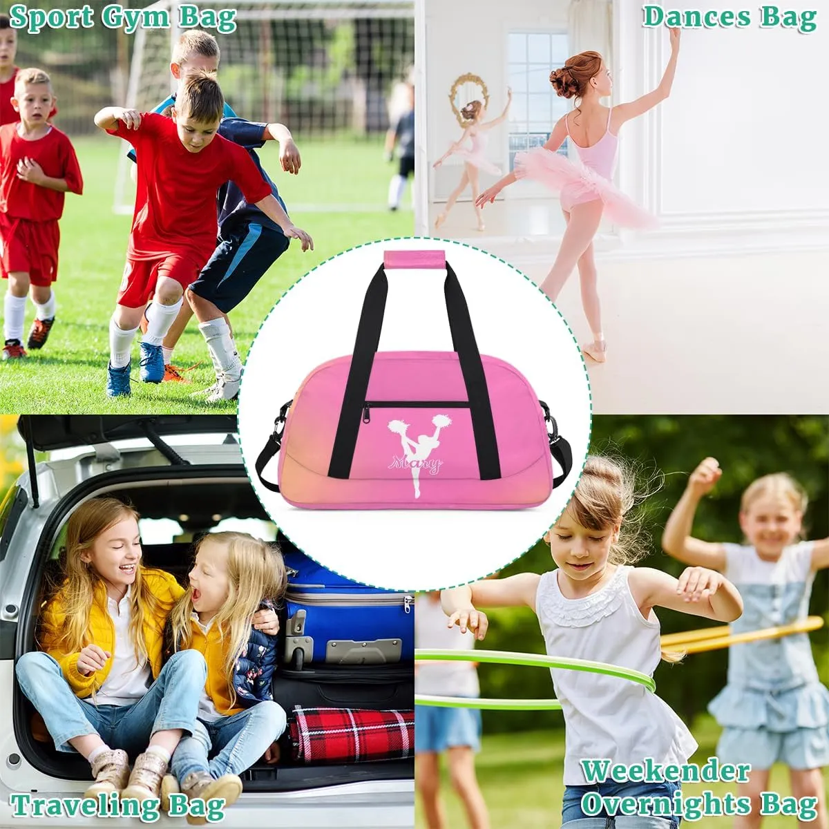 Personalized Cheer Bag Girl Sport Duffel Bag, Custom Kids Gym Bag, Customize Travel Duffle Bag with Name, Overnight Weekender Bags,Orange Pink Gradient, Cheerleading Gifts