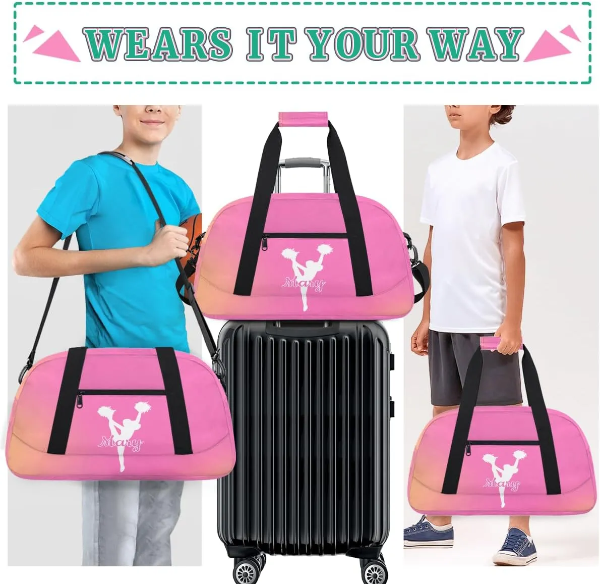 Personalized Cheer Bag Girl Sport Duffel Bag, Custom Kids Gym Bag, Customize Travel Duffle Bag with Name, Overnight Weekender Bags,Orange Pink Gradient, Cheerleading Gifts