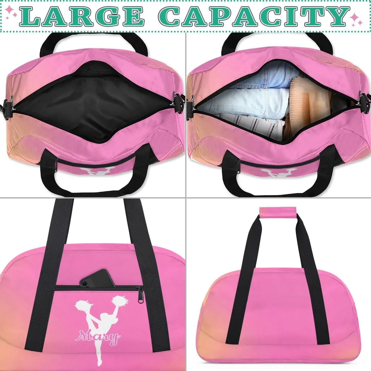 Personalized Cheer Bag Girl Sport Duffel Bag, Custom Kids Gym Bag, Customize Travel Duffle Bag with Name, Overnight Weekender Bags,Orange Pink Gradient, Cheerleading Gifts