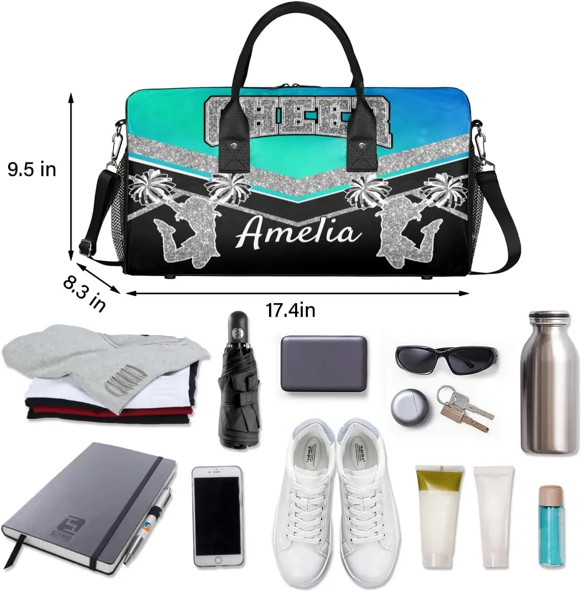Personalized Cheer Bag with Name Blue Green Gradient Sport Duffel Bag Overnight Weekender Bags Customize Dance PracticeTravel Duffle Bag