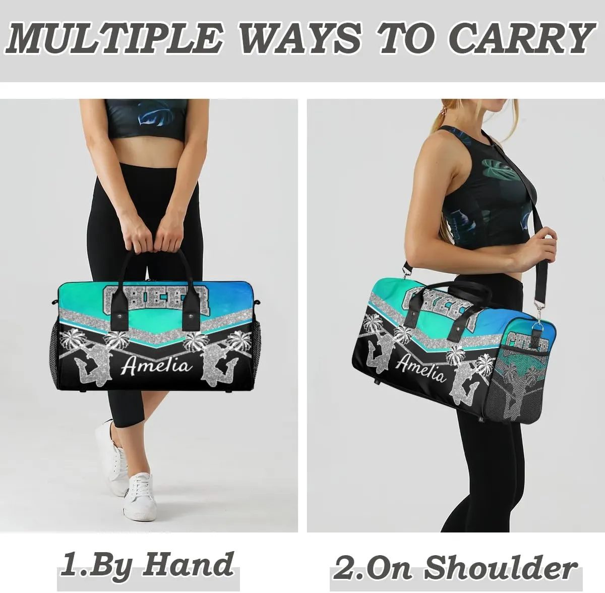 Personalized Cheer Bag with Name Blue Green Gradient Sport Duffel Bag Overnight Weekender Bags Customize Dance PracticeTravel Duffle Bag